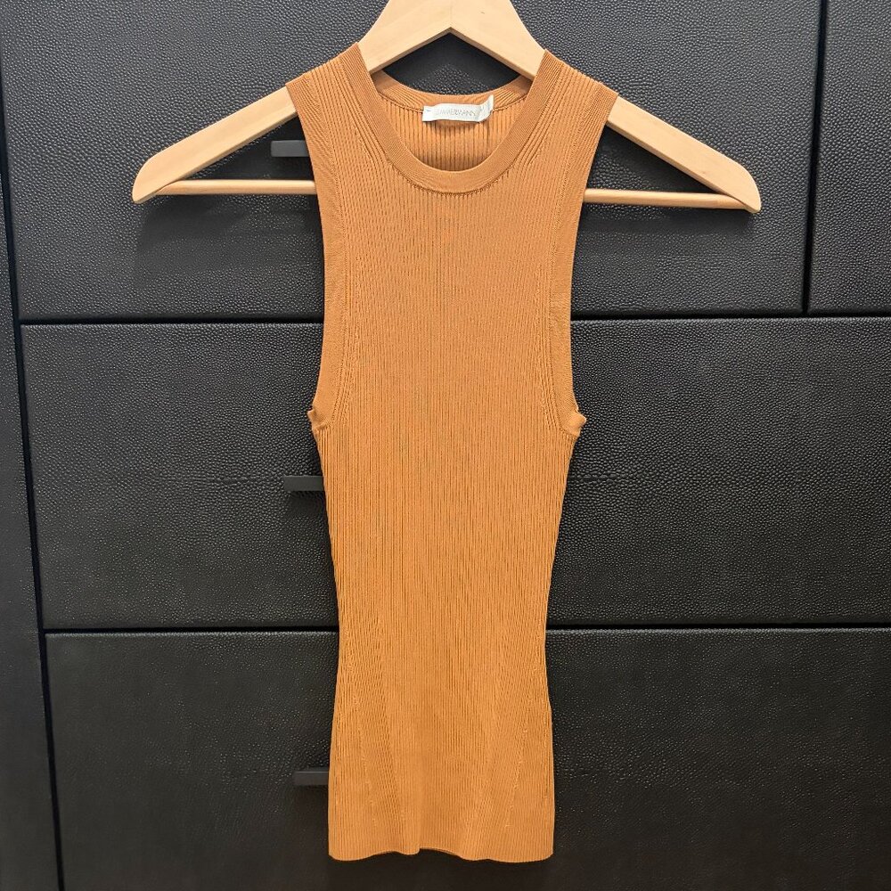 Zimmermann Ribbed Knit Sleeveless Tank Top Camel Size 0P (Petite)